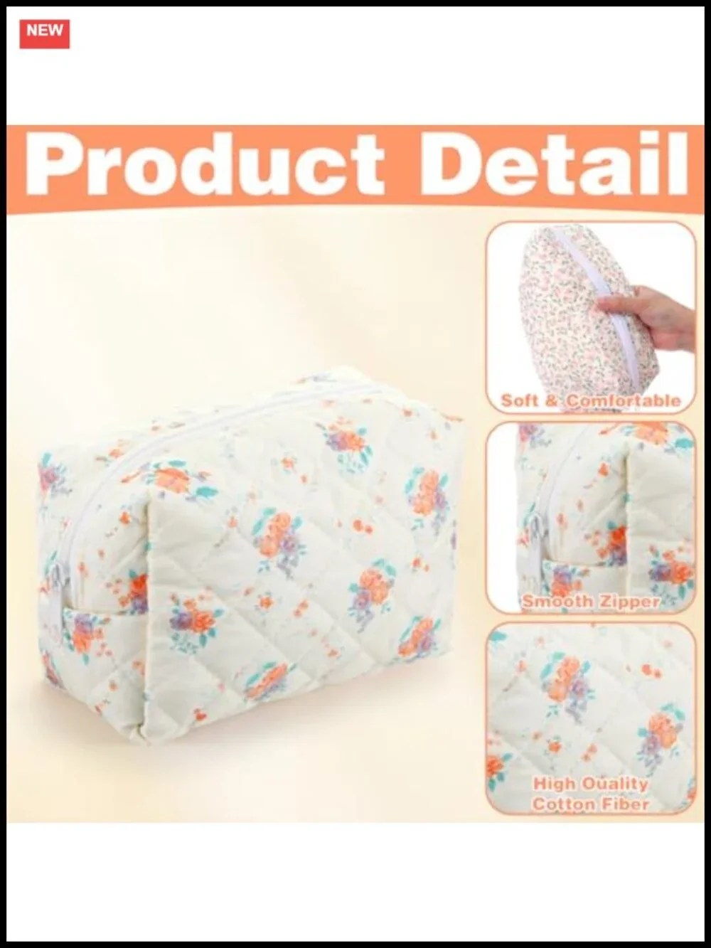 Floral Quilted Cosmetic Bag Set of 10, Cotton Travel Toiletry Organizer with